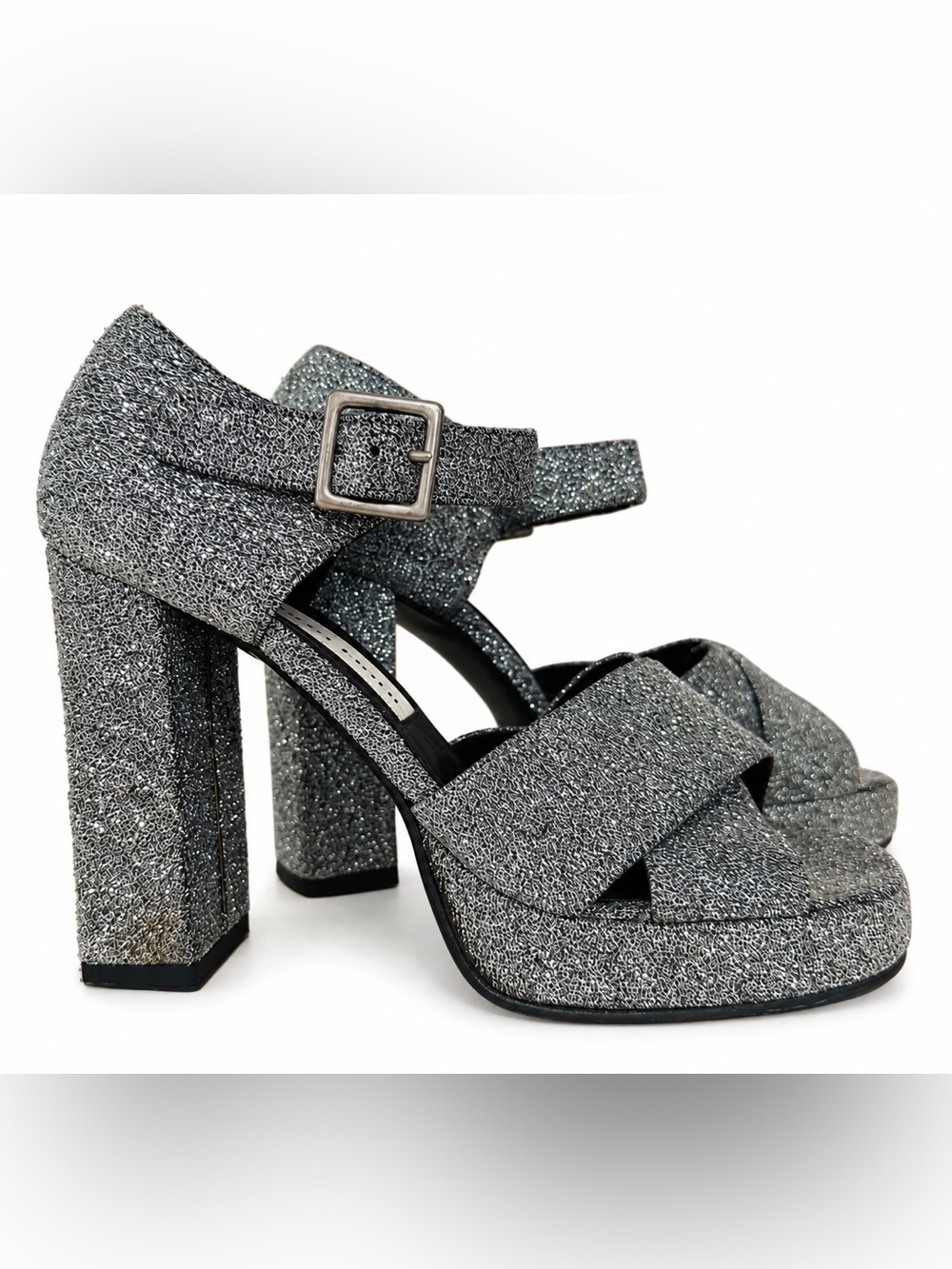 Vintage Retro Glam Rock Silver Sparkle Platform Shoes Sandals 7.5